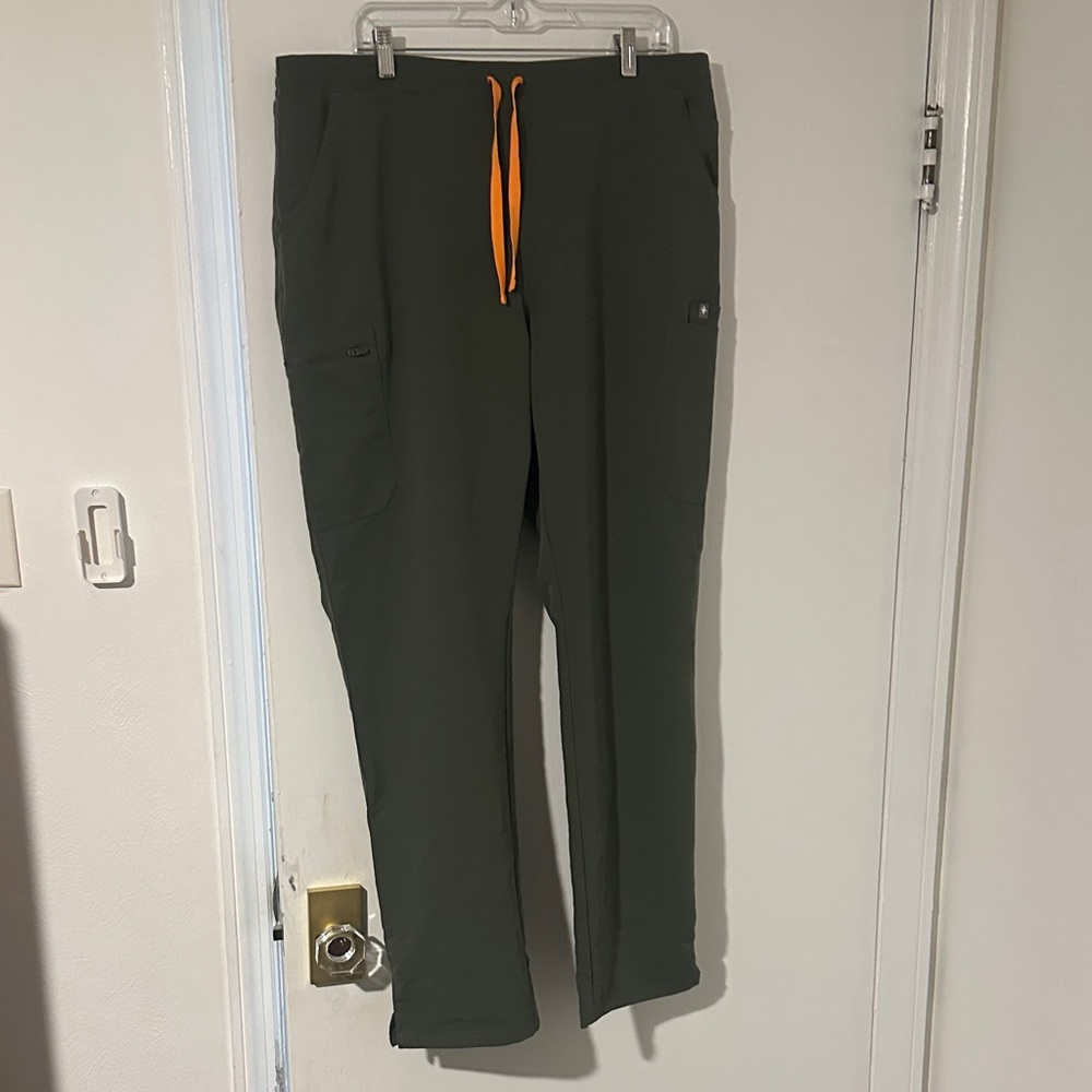 Figs Olive Green Scrubs with Bright Orange Drawstring